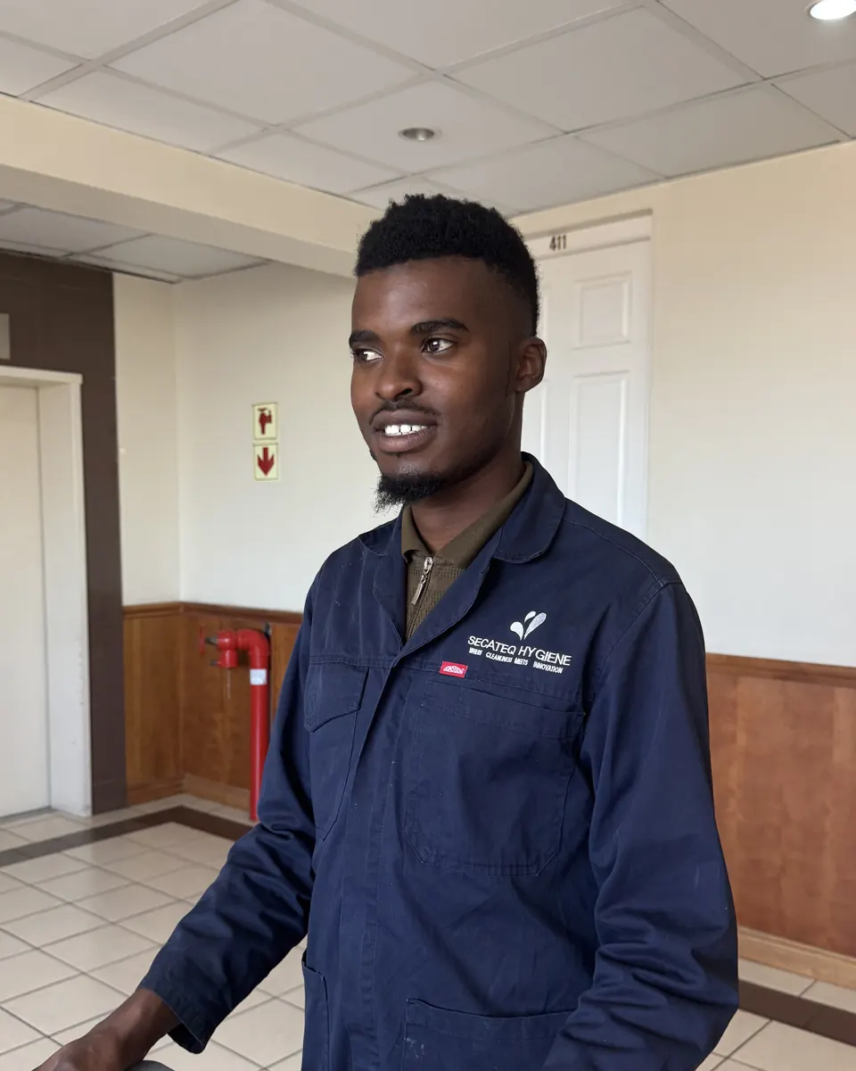 A smiling SecaTeq Hygiene team member in navy overalls, the SecaTeq Hygiene logo on his chest.